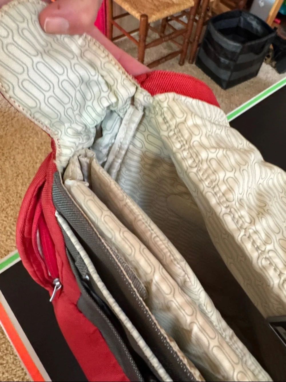 Tumi Red Messenger Bag with Gray Accent. Expandable. Laptop section.
